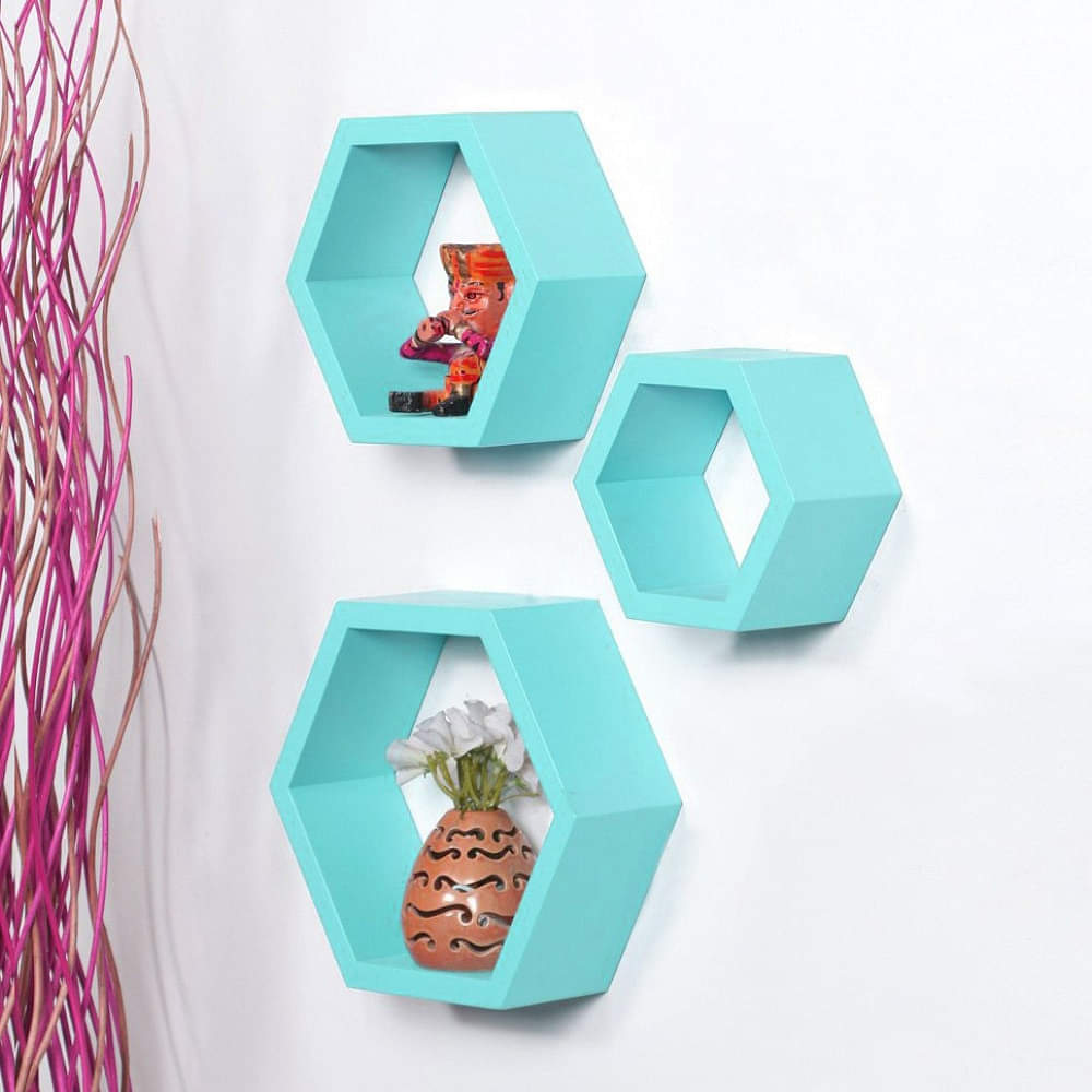 Wooden Wall Mount 3 Hexagon Floating Shelves (Sky Blue) - photo