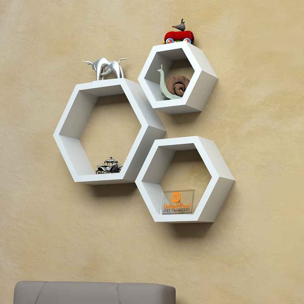 Kansai Wooden Wall Mount Hexagon Floating Shelves (White) - photo