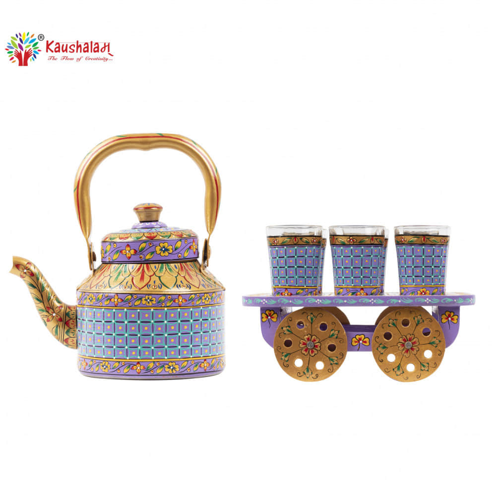 Tea Set Veri Peri - Hand Painted Tea Kettle, 6 glass & A Cart Set - photo
