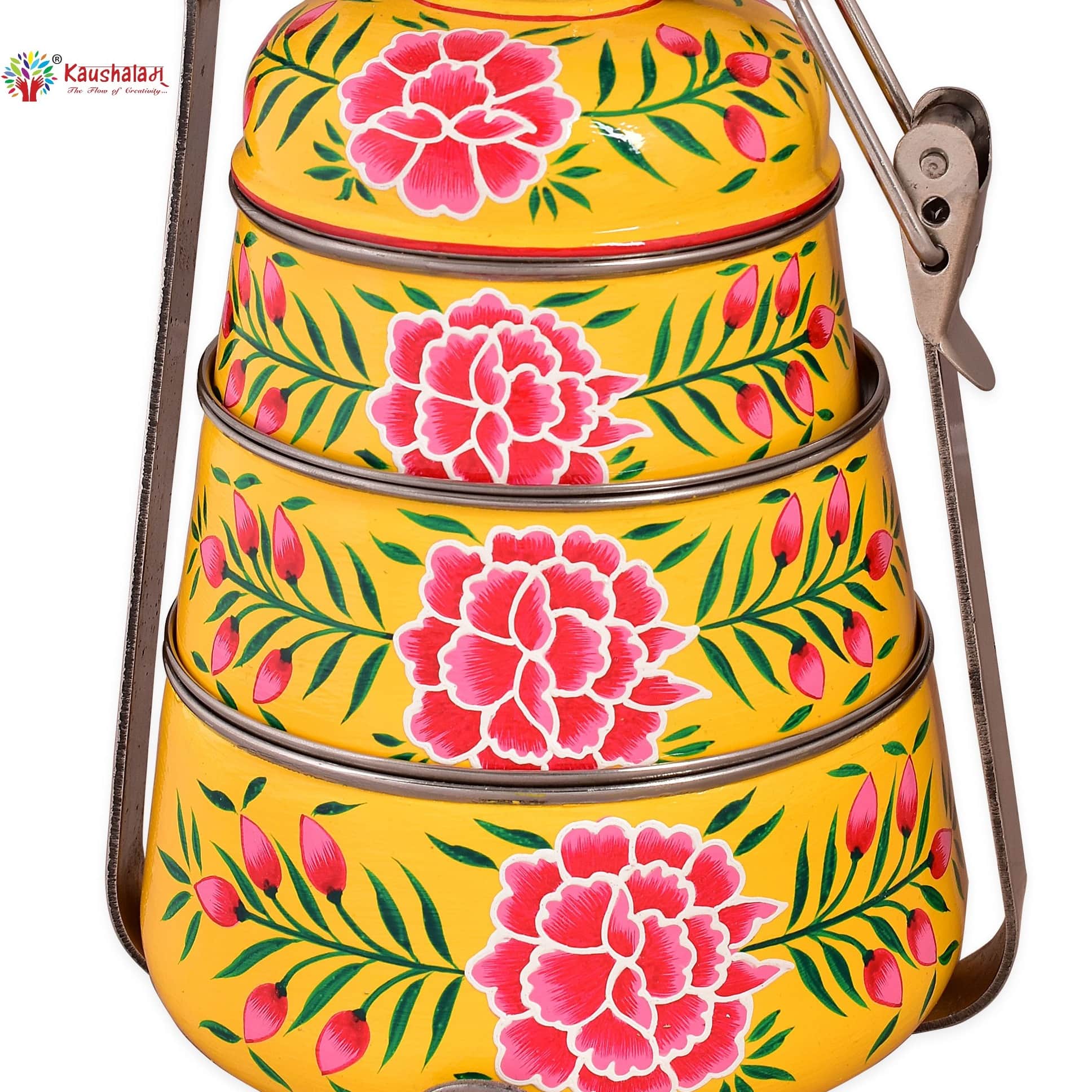 Hand Painted 3 Tier Steel Pyramid Lunch Box- Peach Kashmiri Art - front_view