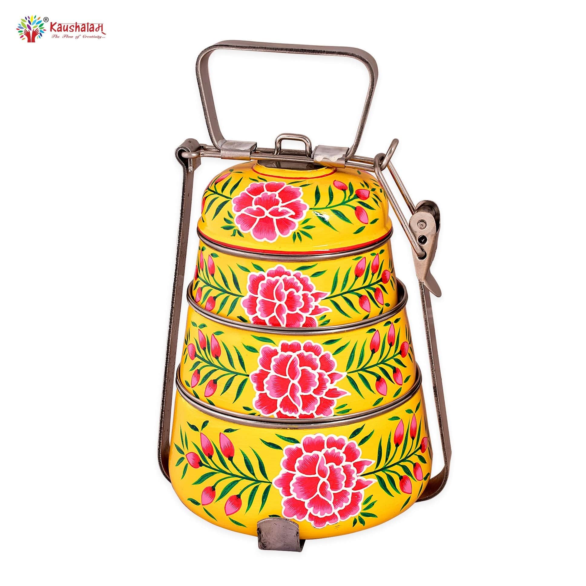 Hand Painted 3 Tier Steel Pyramid Lunch Box- Peach Kashmiri Art - left_view