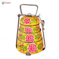 Hand Painted 3 Tier Steel Pyramid Lunch Box- Peach Kashmiri Art - left_view