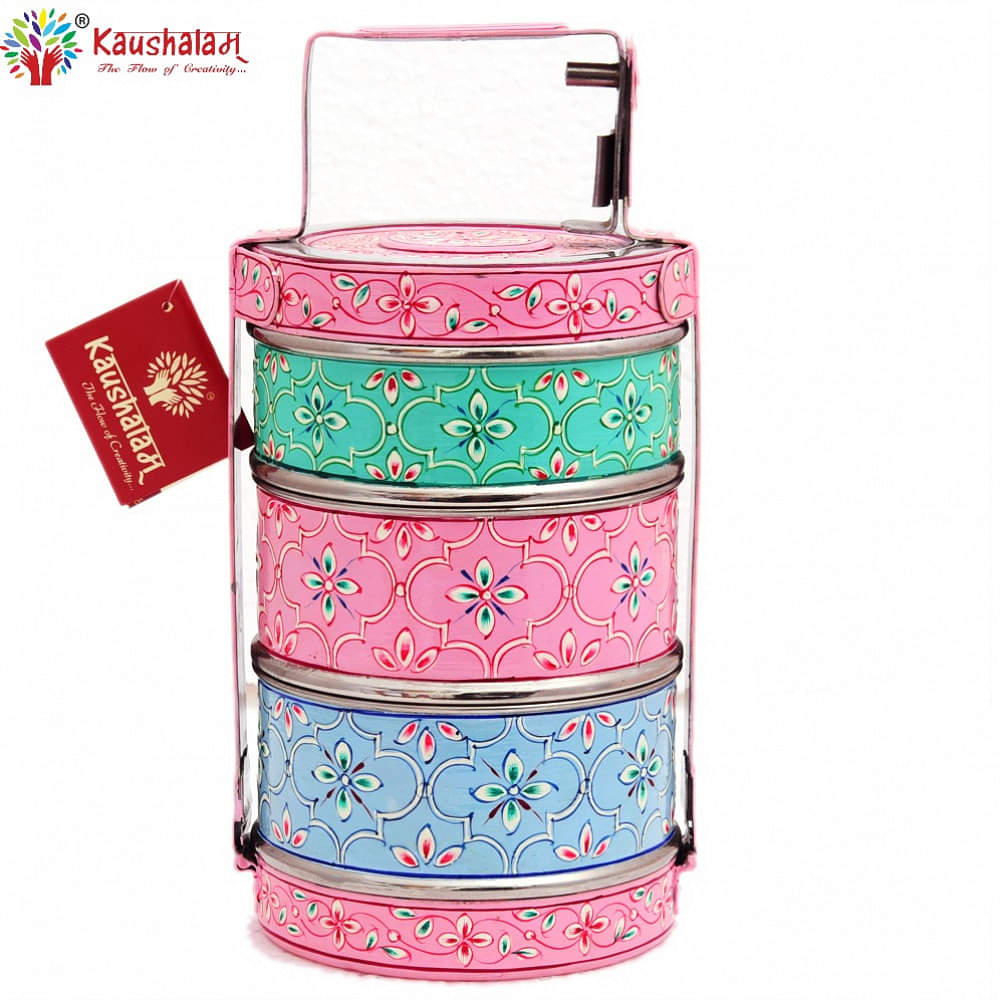 Hand Painted 3 Tier Steel Lunch Box - photo