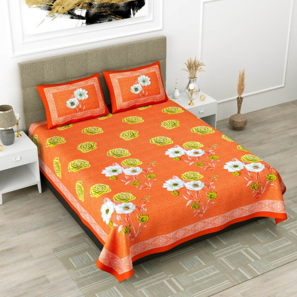 Pure Cotton Premium Quality King Size Bedsheet With 2 Designer Pillow Covers (Orange) - photo