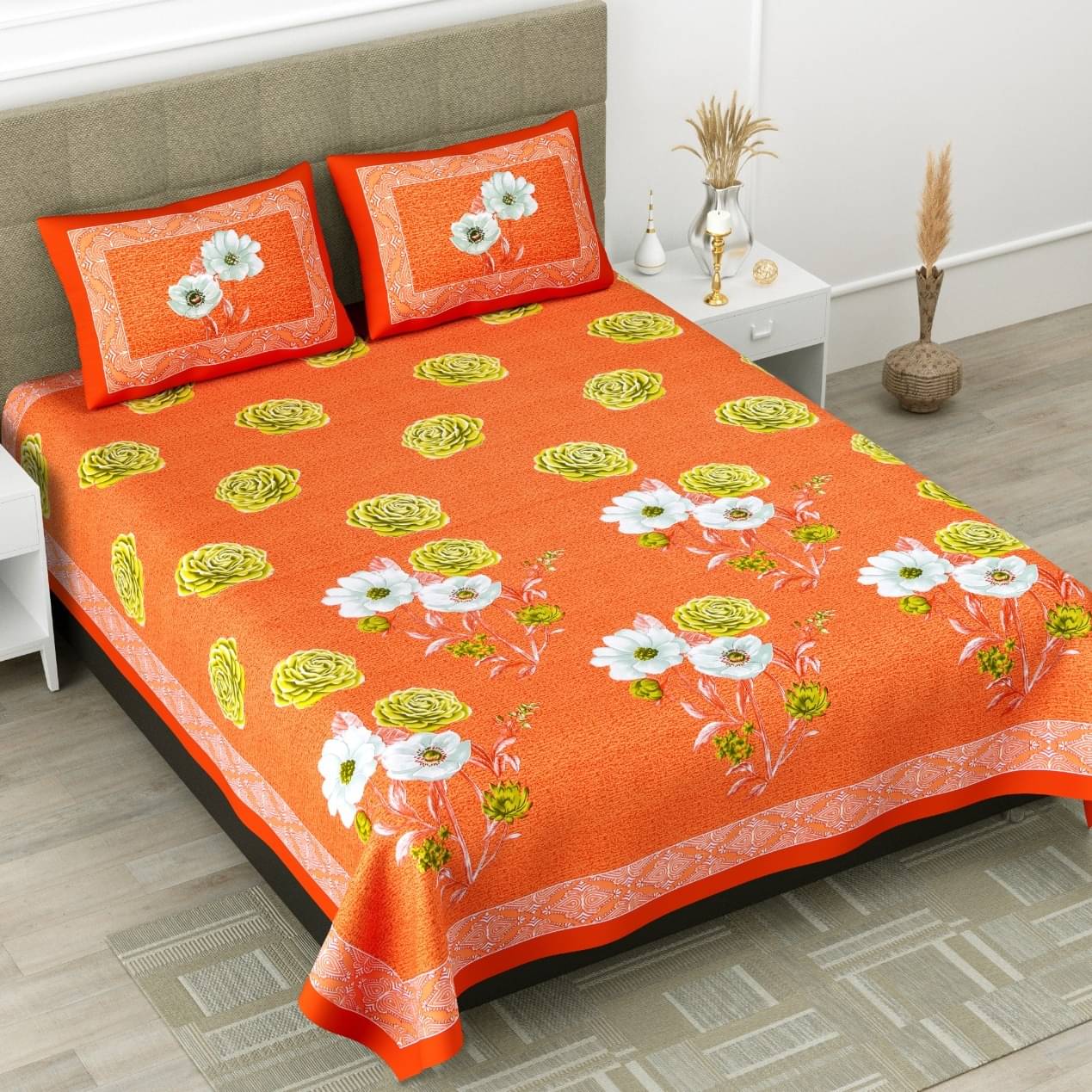 Pure Cotton Premium Quality King Size Bedsheet With 2 Designer Pillow Covers (Orange)