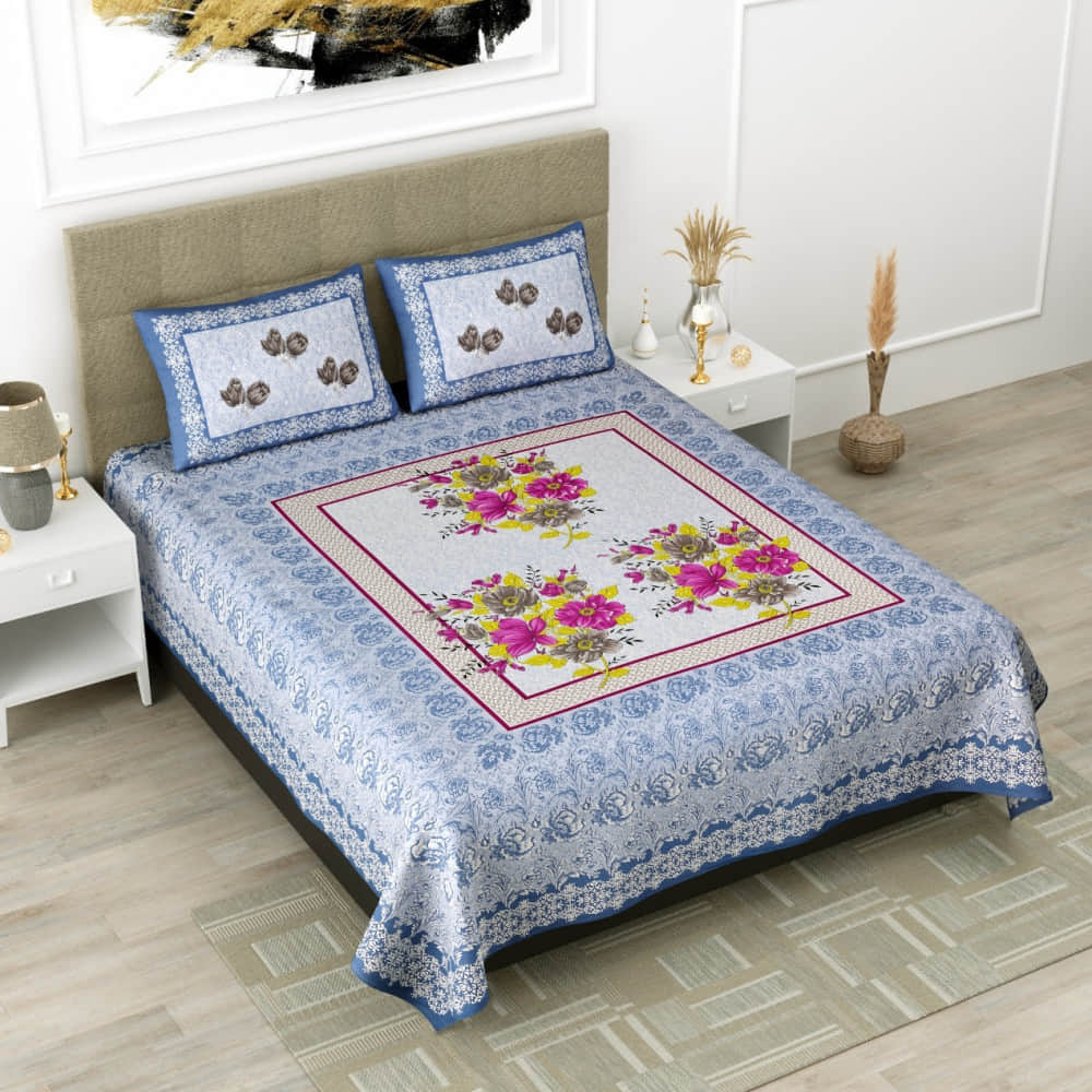Pure Cotton Premium Quality King Size Bedsheet With 2 Designer Pillow Covers - photo