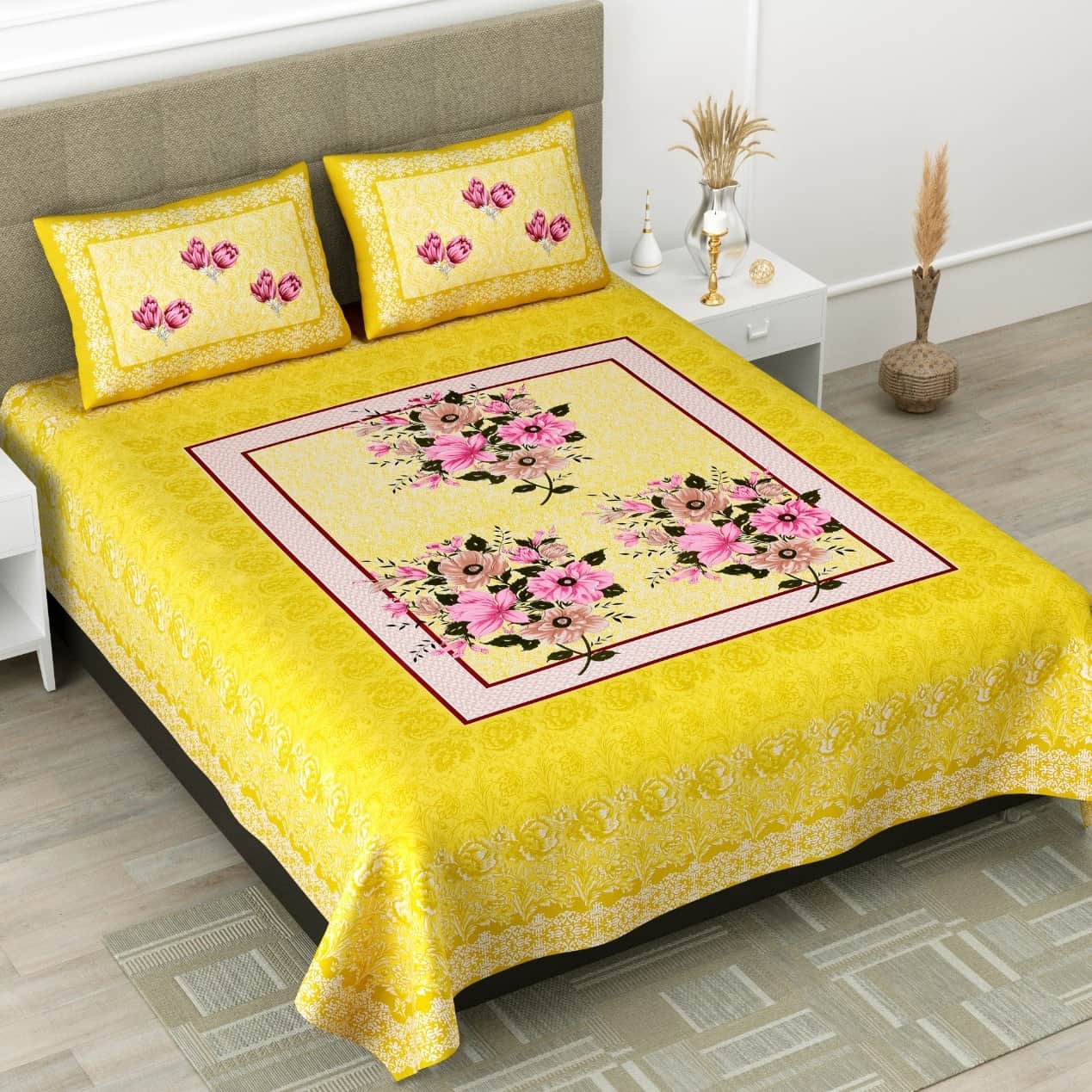 Pure Cotton Premium Quality King Size Bedsheet With 2 Designer Pillow Covers - left_view