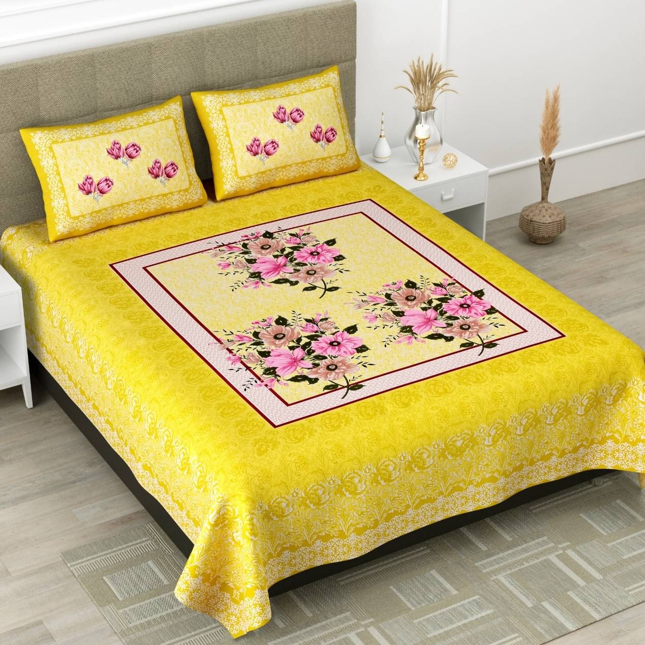 Pure Cotton Premium Quality King Size Bedsheet With 2 Designer Pillow Covers