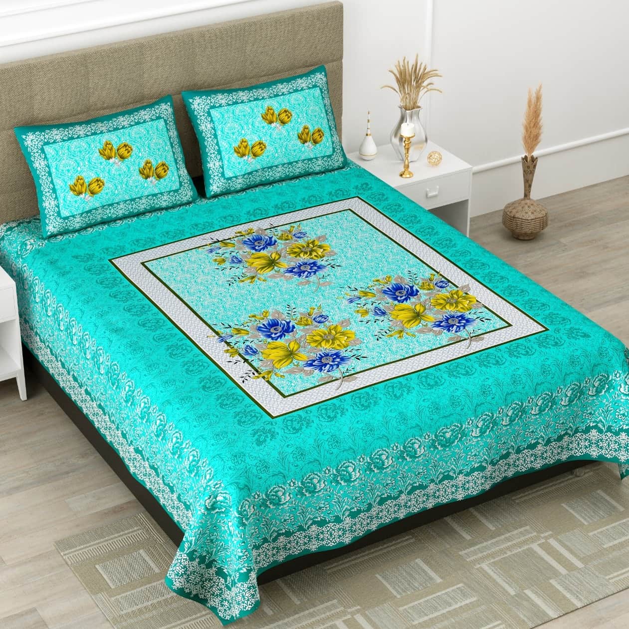 Pure Cotton Premium Quality King Size Bedsheet With 2 Designer Pillow Covers - left_view