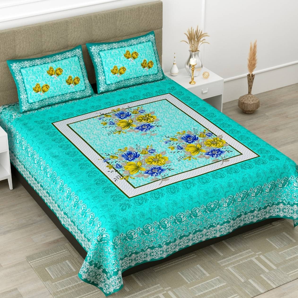 Pure Cotton Premium Quality King Size Bedsheet With 2 Designer Pillow Covers