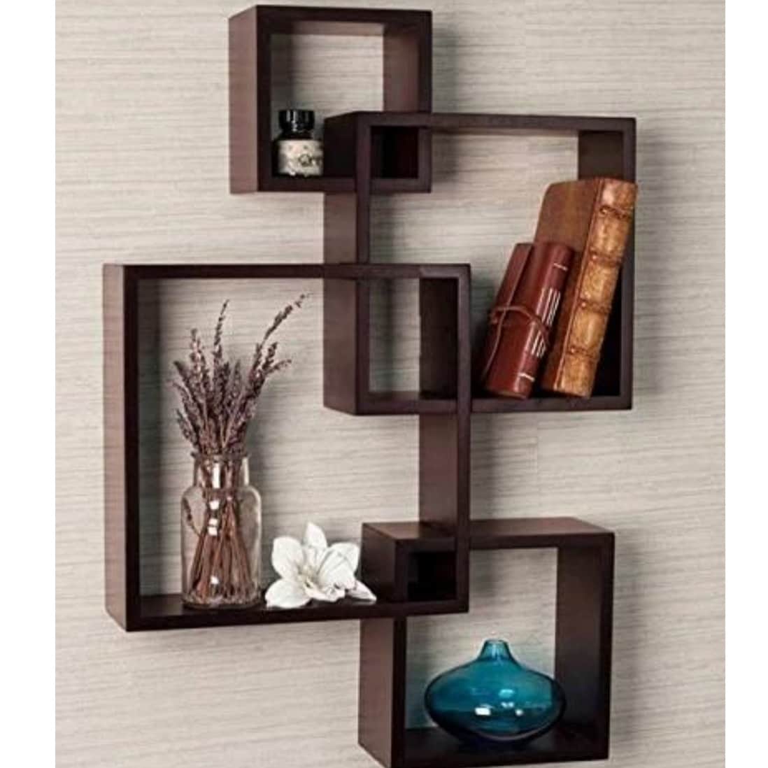 Wooden Intersecting Floating Wall Shelf with 4 Shelves