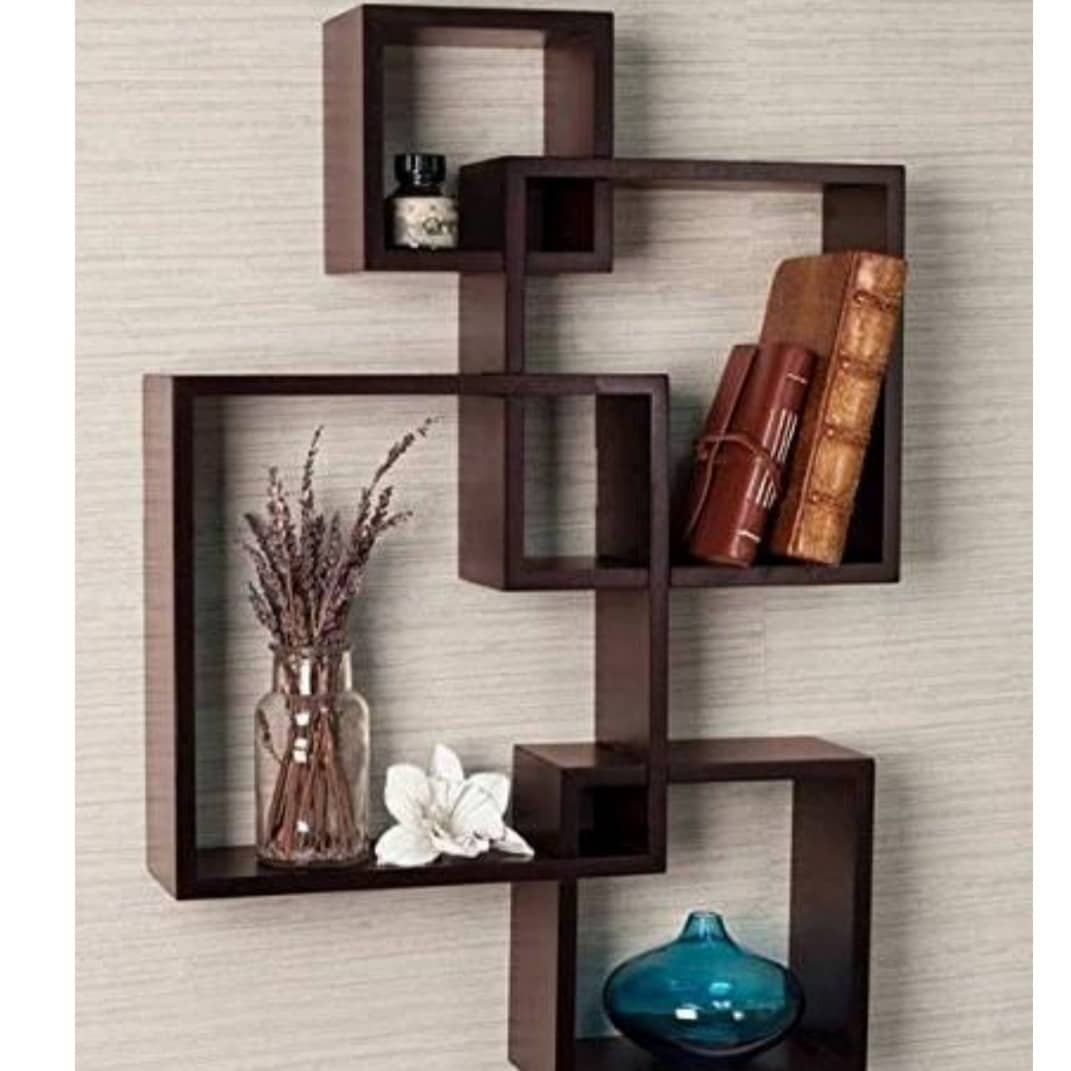 Wooden Intersecting Floating Wall Shelf with 4 Shelves