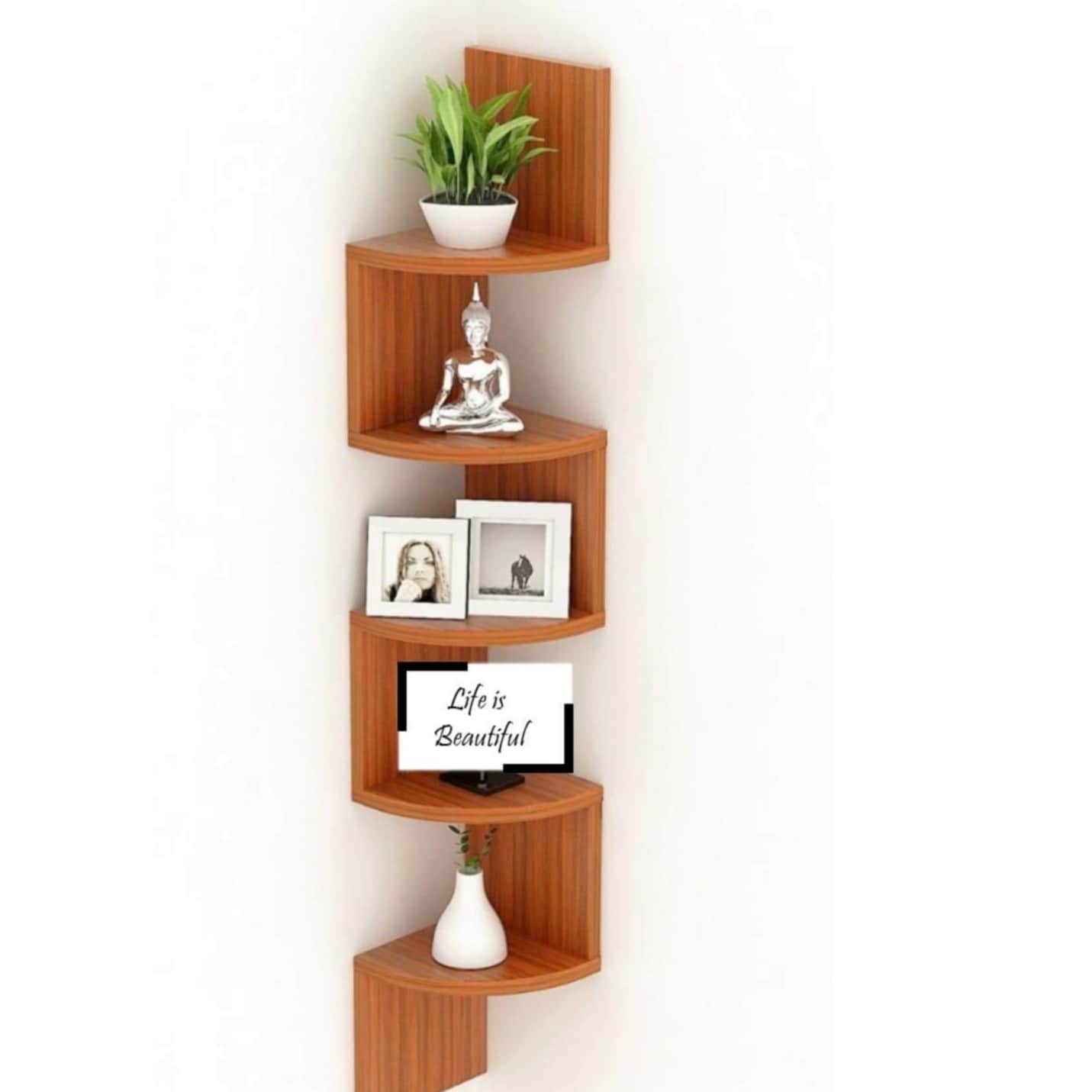 Zig Zag Corner Hanging Shelf with Teak Natural Finish 5 Tiers