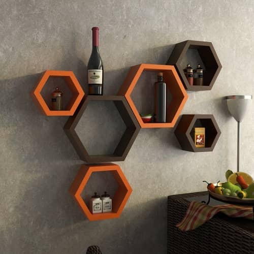 Annecy Wall Mounted Wall Shelf (Set of 6, Orange & Brown)