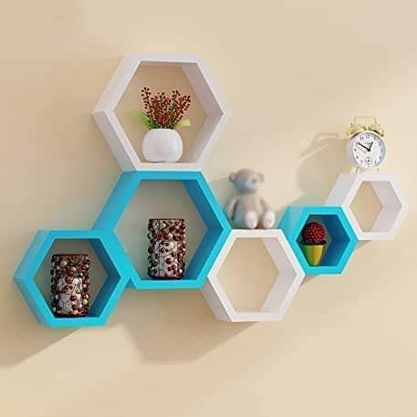 Annecy Wall Shelf In Hexagon Shape (Set of Six,  Sky Blue & White)