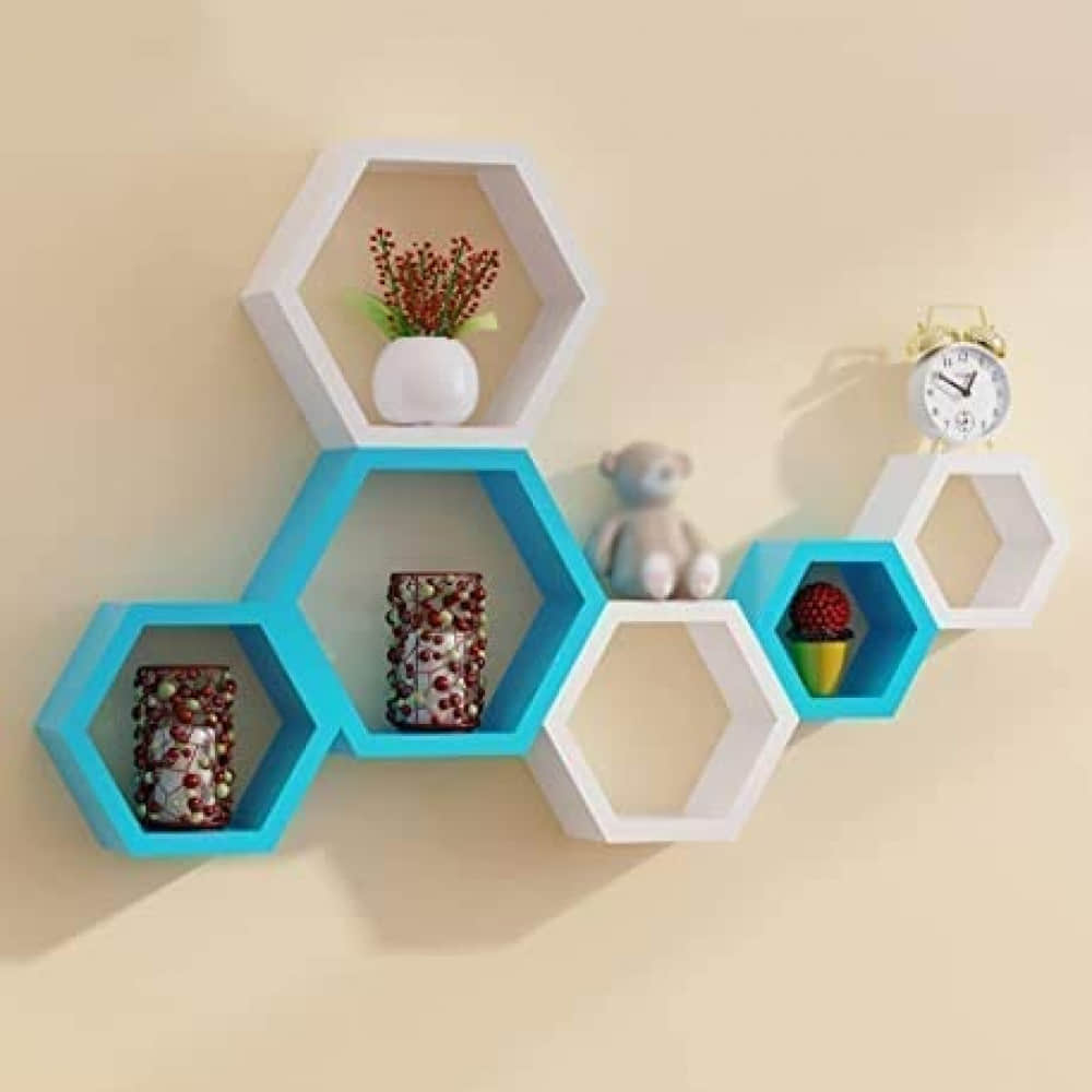 Annecy Wall Shelf In Hexagon Shape (Set of Six,  Sky Blue & White) - photo