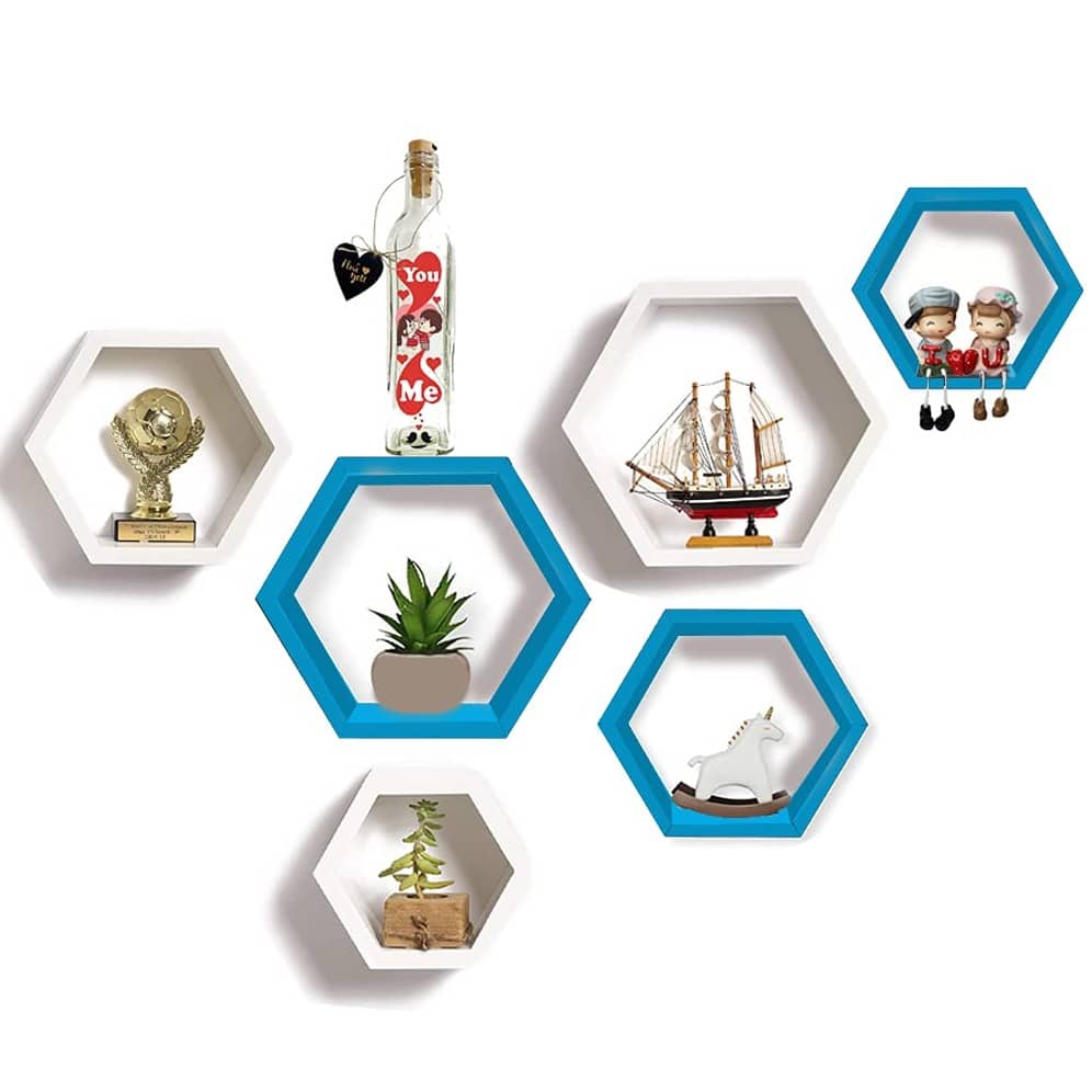 Annecy Wall Shelf In Hexagon Shape (Set of Six,  Sky Blue & White)