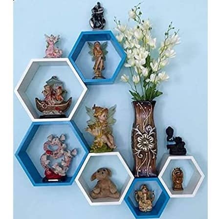 Annecy Wall Shelf In Hexagon Shape (Set of Six,  Sky Blue & White)