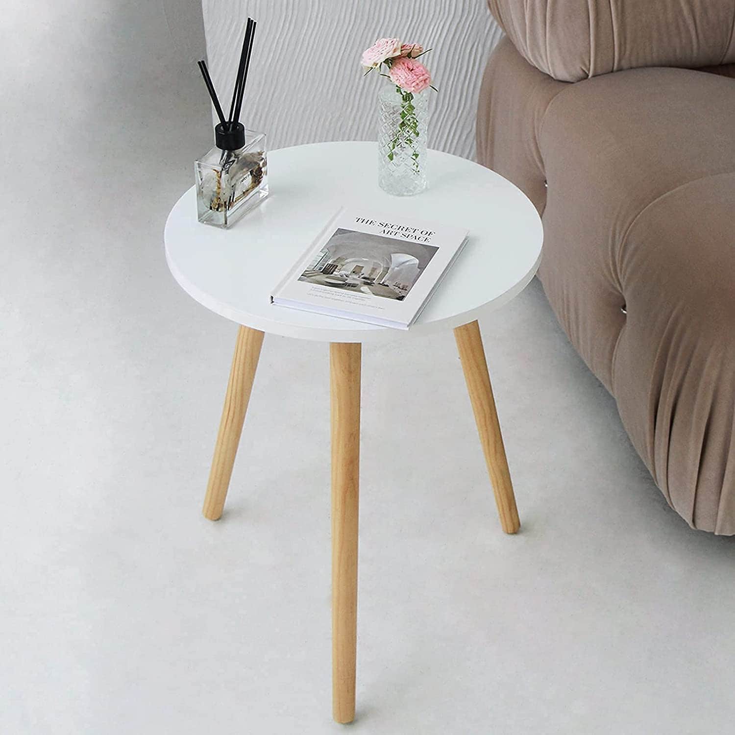 Wooden Round Side Table (Teak & White) - front_view