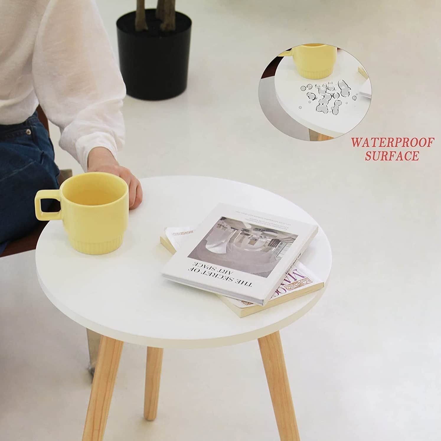 Wooden Round Side Table (Teak & White) - rear_view