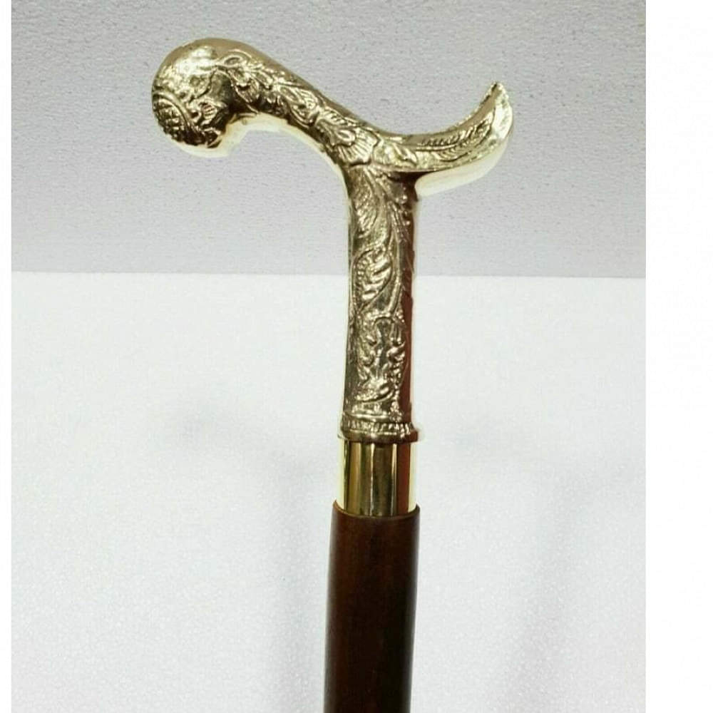Vintage Antique Wooden Walking Stick with Brass Head Handle - photo