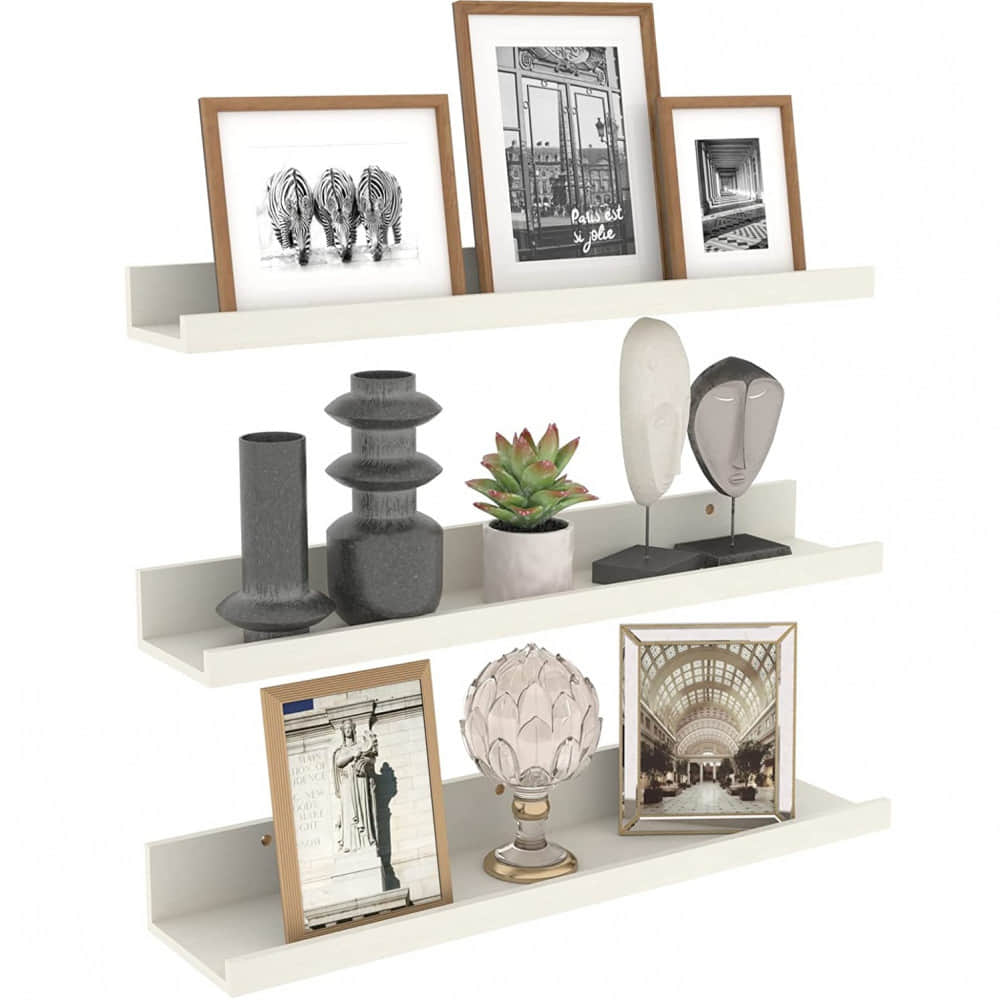 Rustic Wooden Picture Ledge Shelf (White) - photo