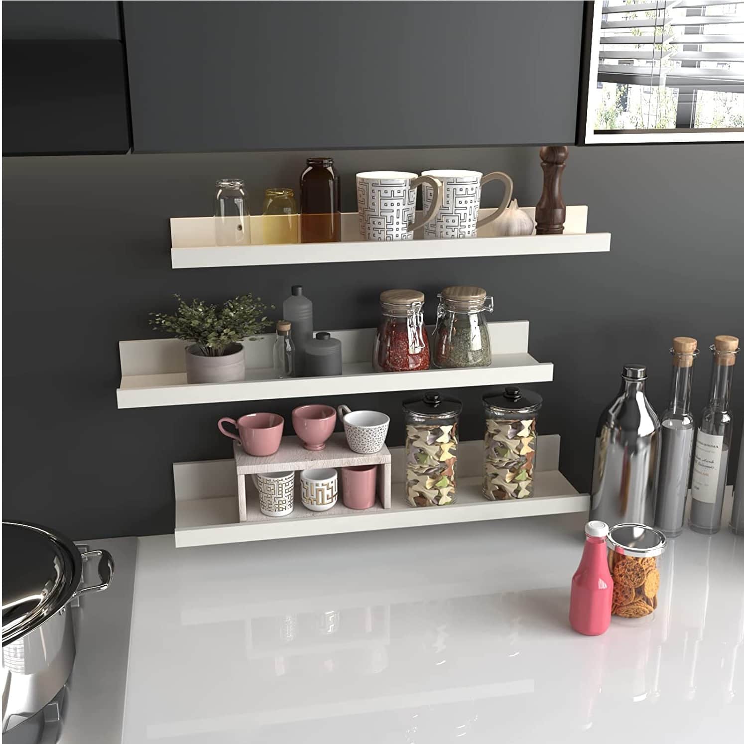 Rustic Wooden Picture Ledge Shelf (White) - front_view