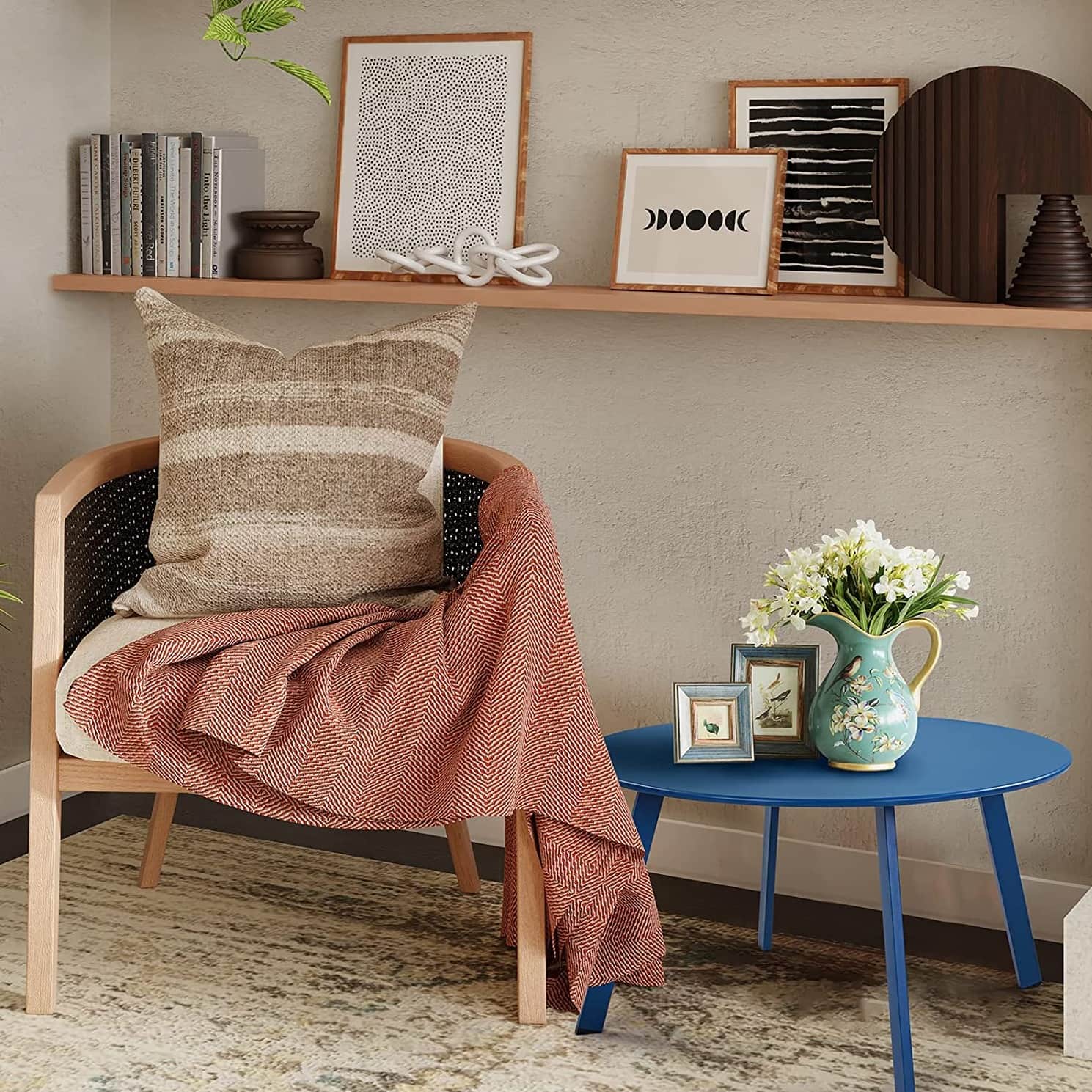 Modern Wood Round Coffee Table (Blue) - rear_view
