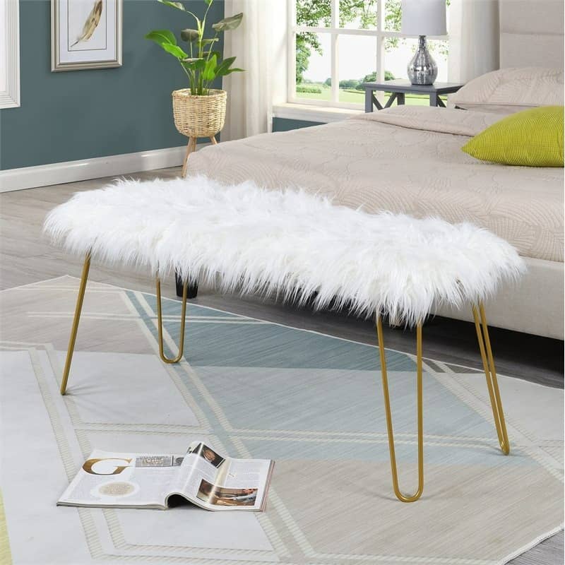 Elise Upholstered Fur Bench (White | Gold)