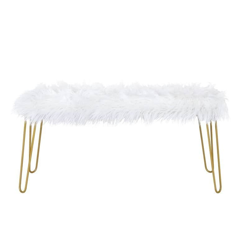 Elise Upholstered Fur Bench (White | Gold) - front_view