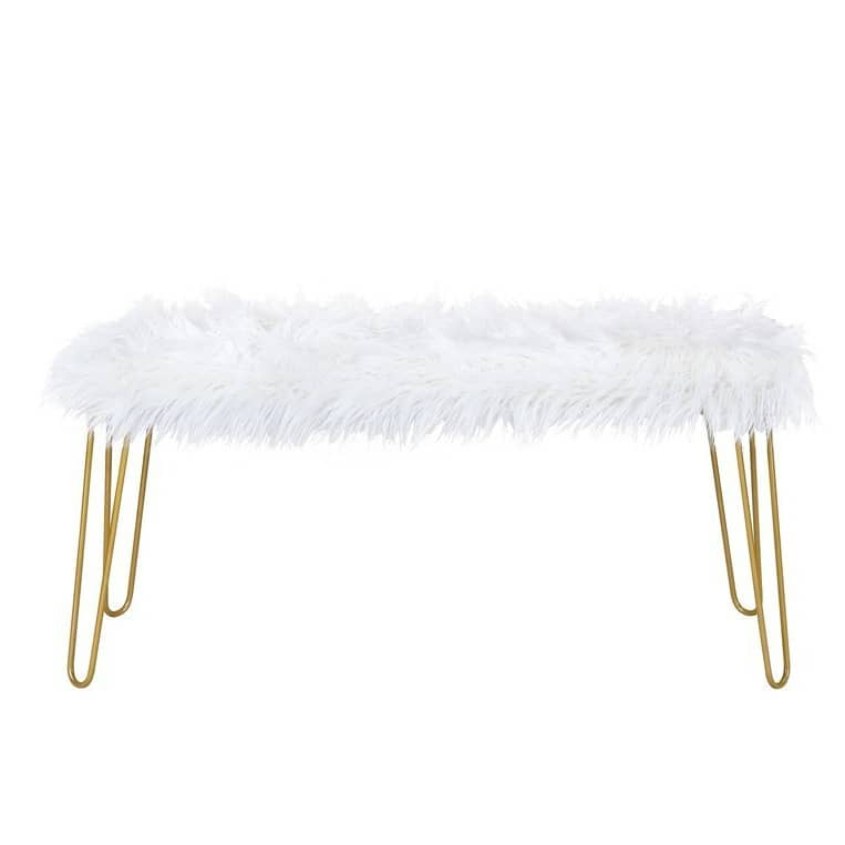 Elise Upholstered Fur Bench (White | Gold)