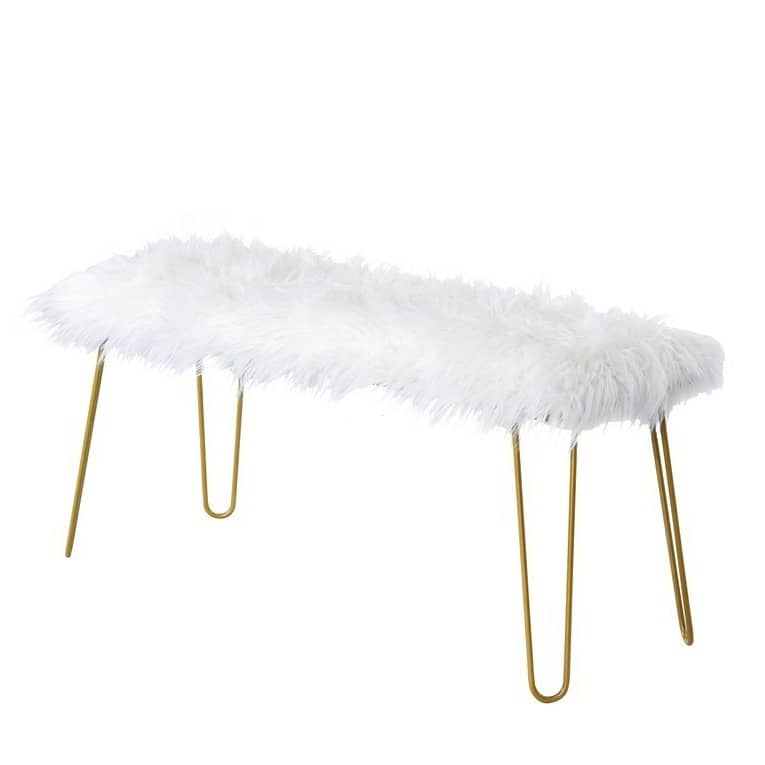 Elise Upholstered Fur Bench (White | Gold)