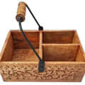 Wooden Hand Carved Caddy Tissue And Utensils Holder 3 Partition - photo