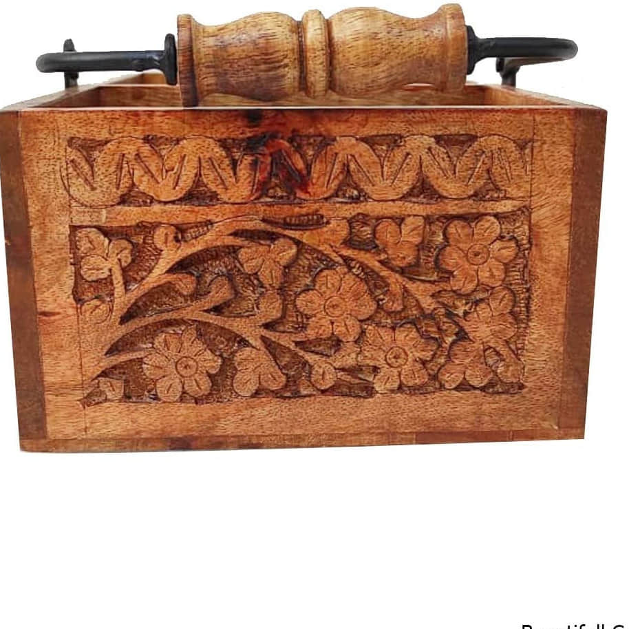 Wooden Hand Carved Caddy Tissue And Utensils Holder 3 Partition - right_view