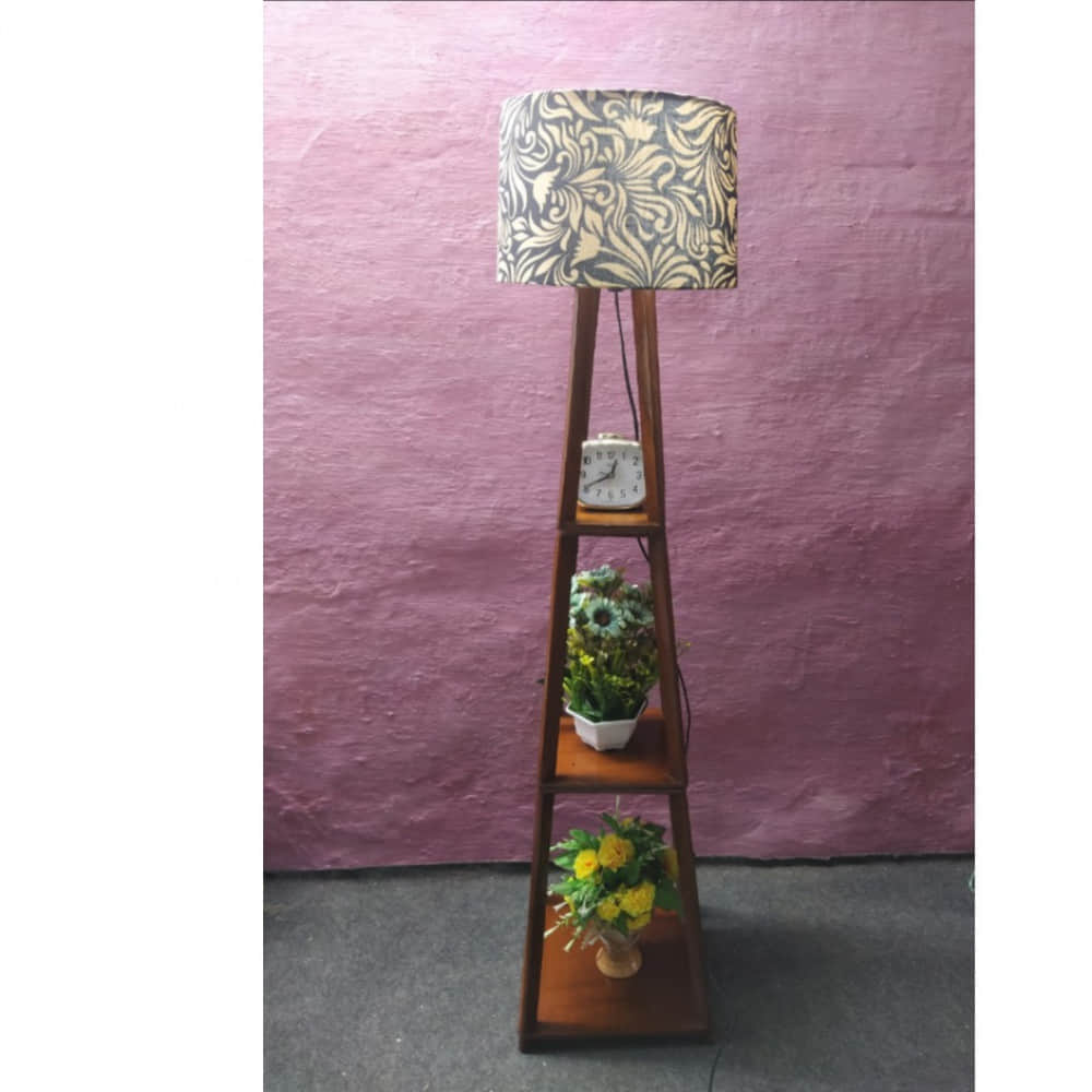 Printed Metal Shade Tripod Floor Lamp with Natural Wood Base - photo