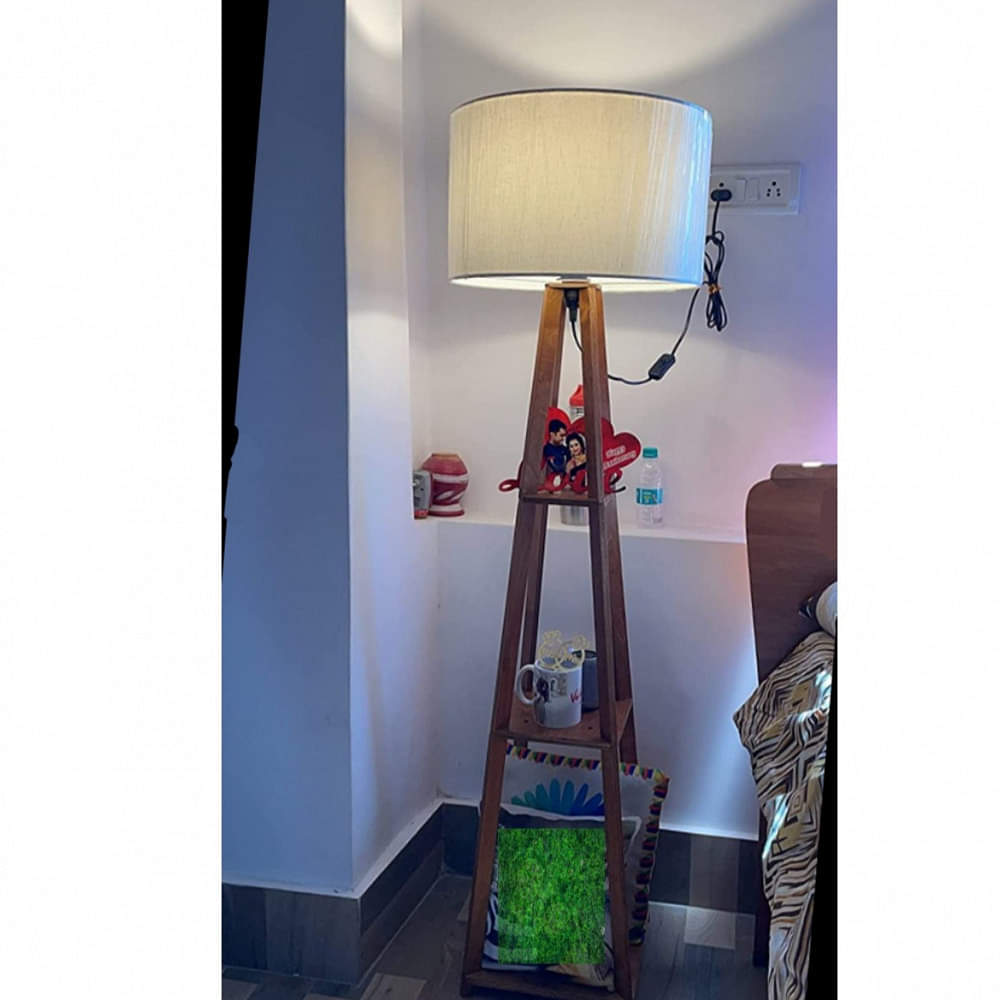 Walnut Wooden Floor Lamp with Shelf Natural Jute Shade - photo