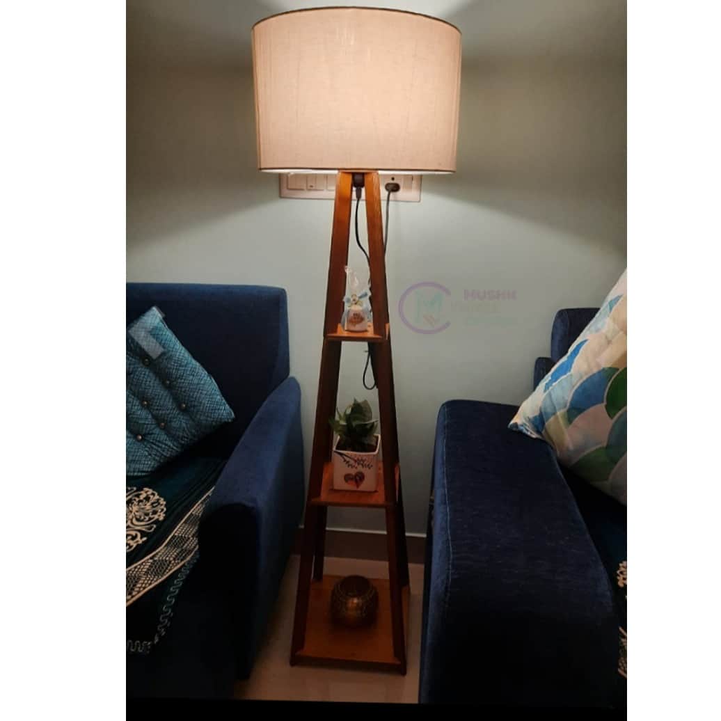 Walnut Wooden Floor Lamp with Shelf Natural Jute Shade - top_view