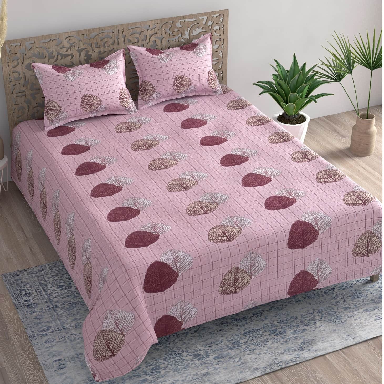 Pink Leaf Printed Queen Size Bedsheet With 2 Pillow Covers