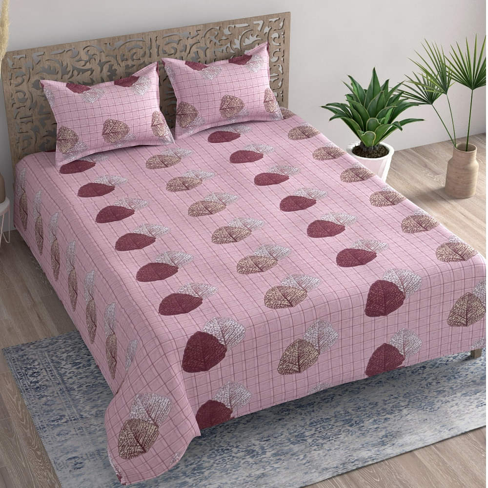 Pink Leaf Printed Queen Size Bedsheet With 2 Pillow Covers - photo