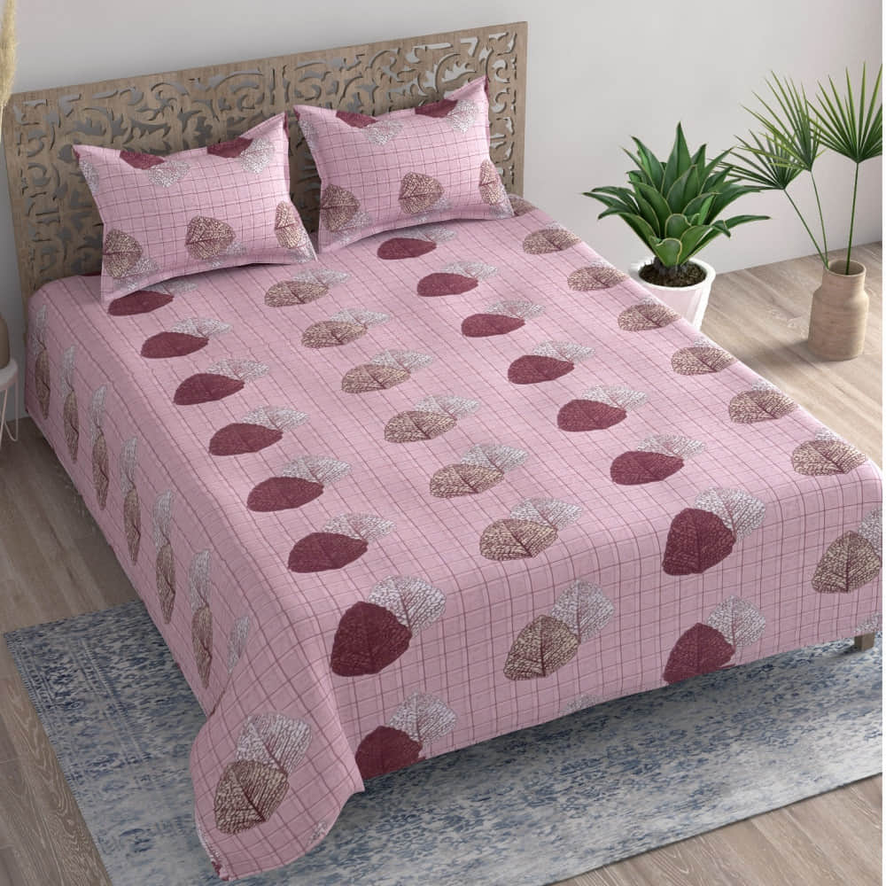 Pink Leaf Printed Queen Size Bedsheet With 2 Pillow Covers - photo