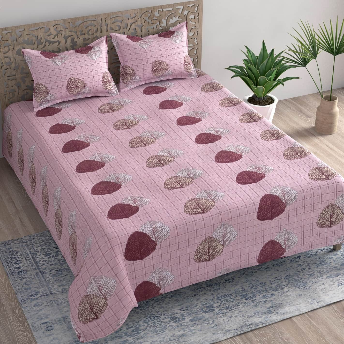 Pink Leaf Printed Queen Size Bedsheet With 2 Pillow Covers - front_view