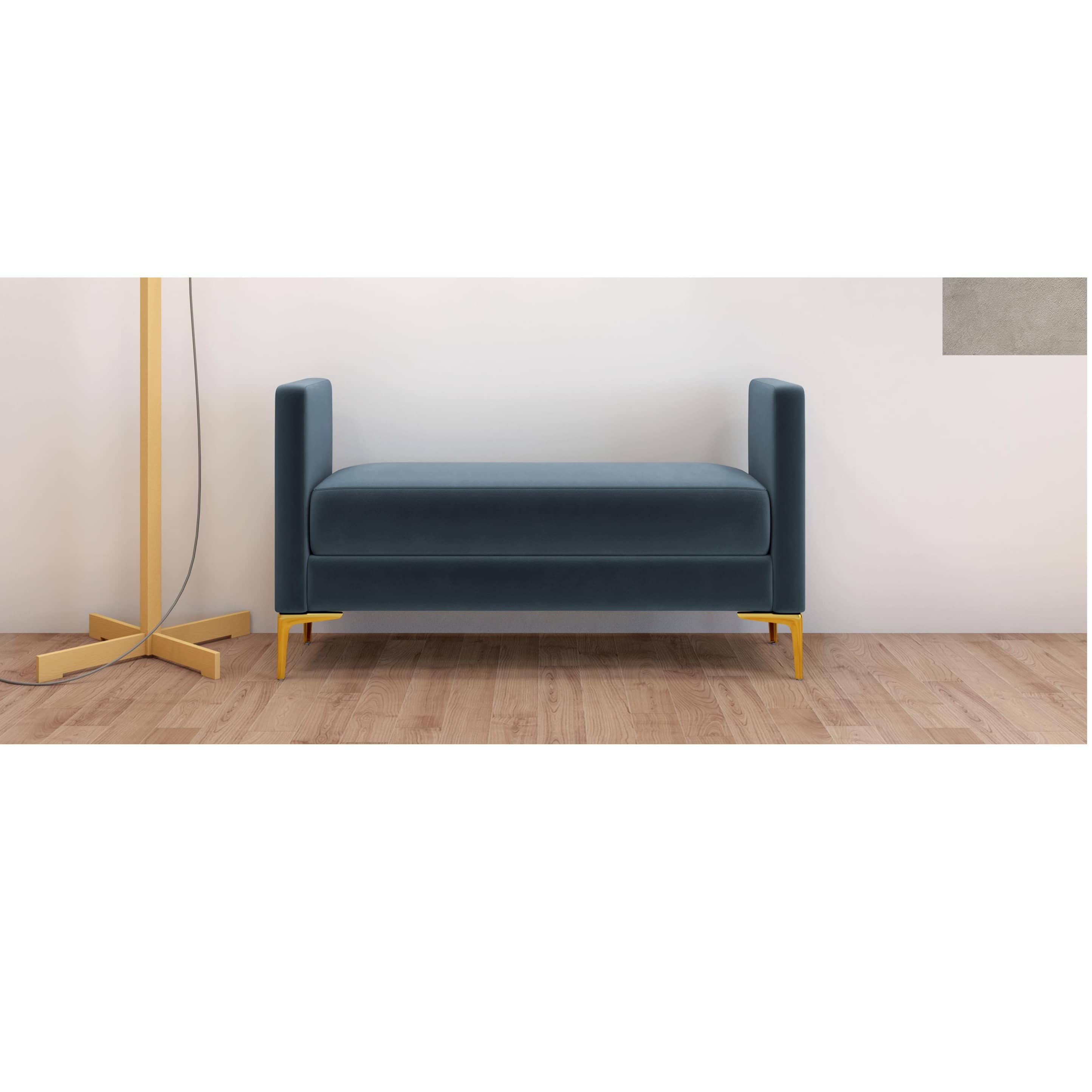 Blue Velvet Upholstered Tufted Bench With Gold Finished Legs