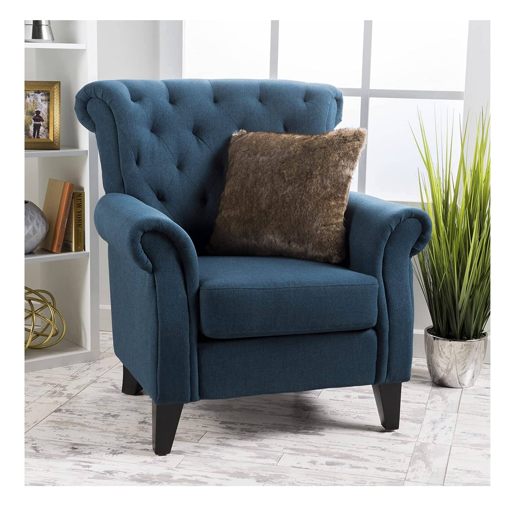 Dark Blue Fabric Tufted Chair