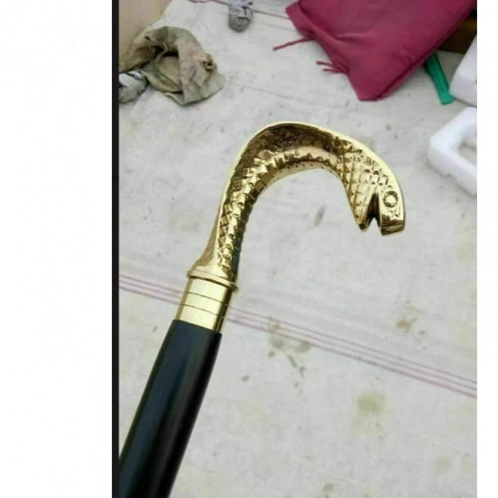 Antique Carved Falcon Snake Head Brass Pipe Walking Stick - photo