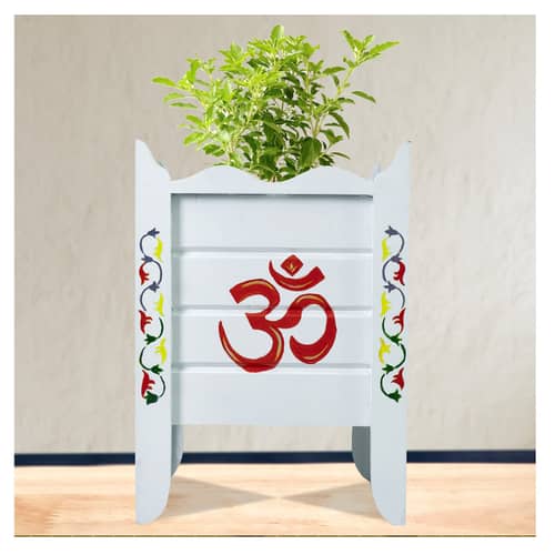 White Wood Polymer Composite Tulsi Planter with Hand painted Multicolor Art work