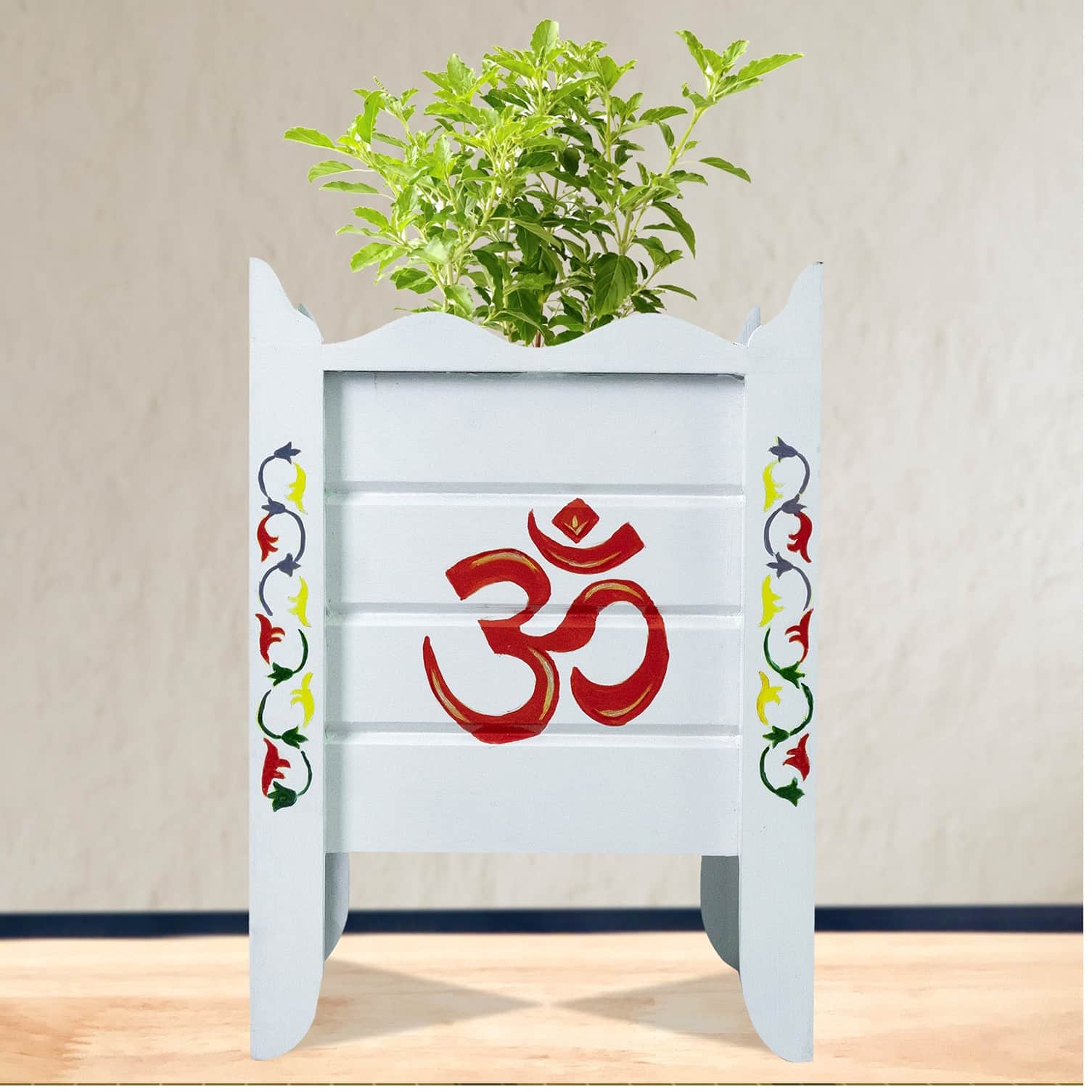 White Wood Polymer Composite Tulsi Planter with Hand painted Multicolor Art work - front_view
