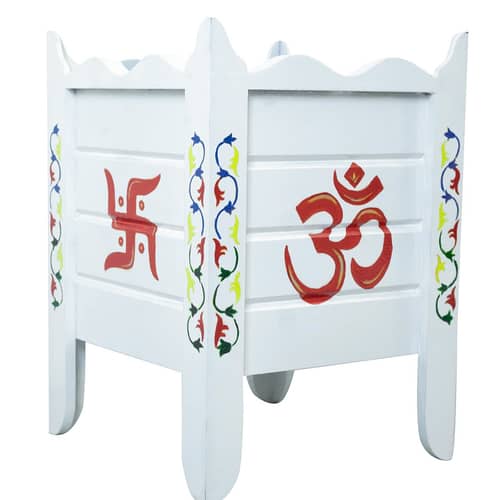White Wood Polymer Composite Tulsi Planter with Hand painted Multicolor Art work