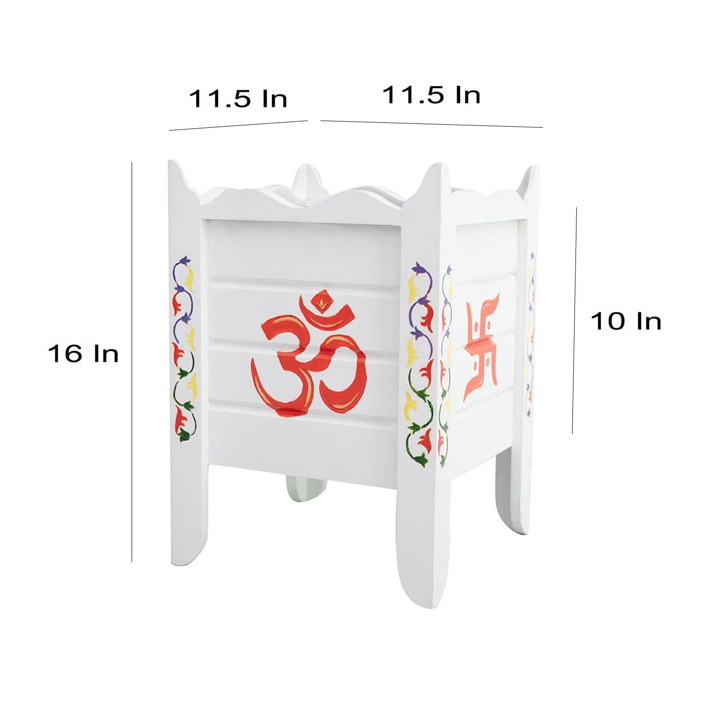 White Wood Polymer Composite Tulsi Planter with Hand painted Multicolor Art work - right_view
