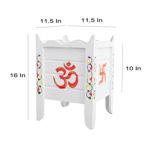 White Wood Polymer Composite Tulsi Planter with Hand painted Multicolor Art work