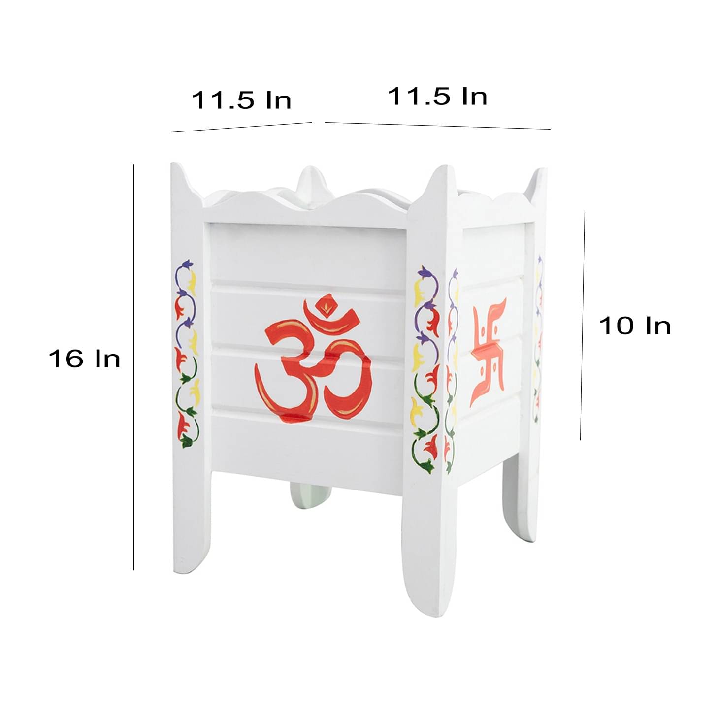 White Wood Polymer Composite Tulsi Planter with Hand painted Multicolor Art work